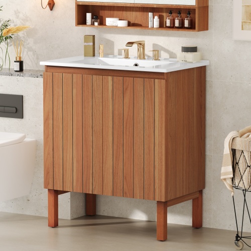 30-Inch Natural MDF Bathroom Vanity with Ceramic Sink and Storage