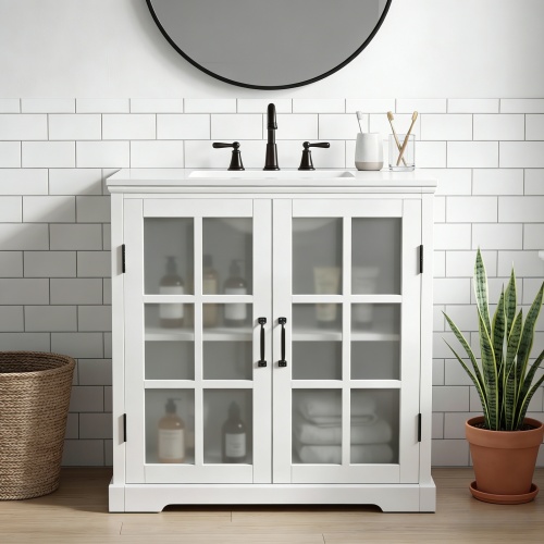 30-Inch White Bathroom Vanity with Ceramic Sink & Rubber Wood Frame