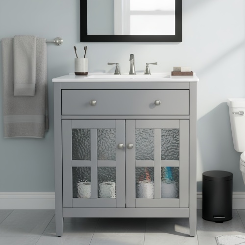 30-Inch Gray Bathroom Vanity with Ceramic Sink and Solid Wood Legs