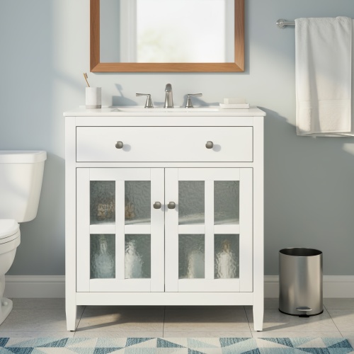 30-Inch White Bathroom Vanity with Ceramic Sink and Solid Wood Legs