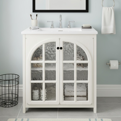 30-Inch Antique White MDF and Rubber Wood Vanity with Ceramic Sink