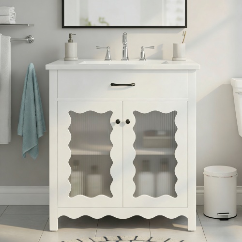 30-Inch White MDF Bathroom Vanity Cabinet with Rubber Wood Legs