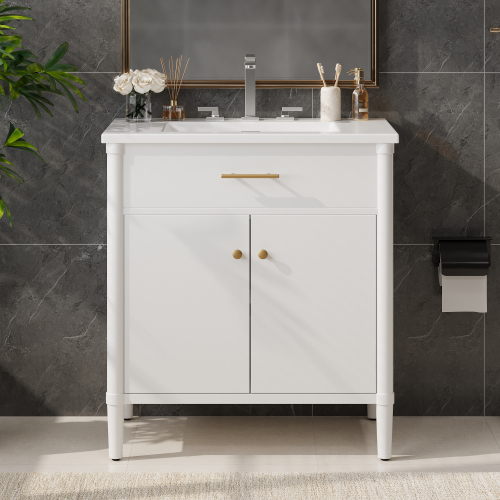 30-Inch White MDF Bathroom Vanity with Sink and Rubber Wood Legs