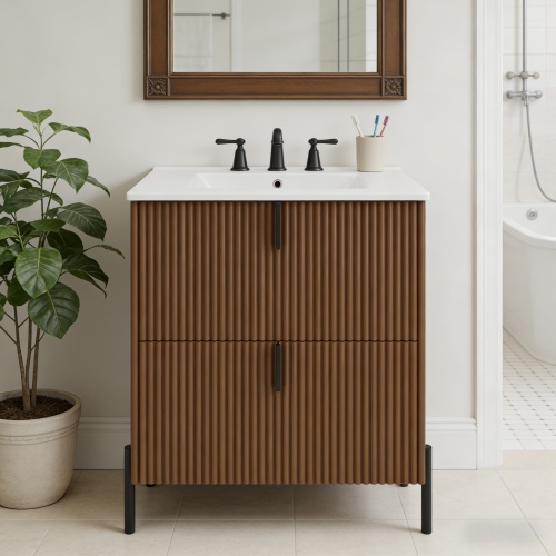 30-Inch Dark Brown MDF Bathroom Vanity with Ceramic Sink & Fluted Front
