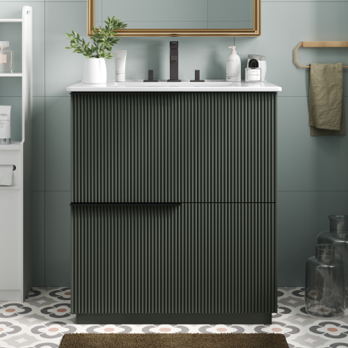 30-Inch Green MDF Fluted Bathroom Vanity with Ceramic Sink