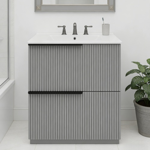 30-Inch Gray MDF Fluted Bathroom Vanity with Ceramic Sink and Drawers