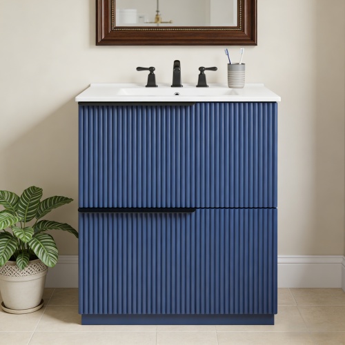 30-Inch Blue MDF Fluted Bathroom Vanity with Ceramic Sink and Drawers