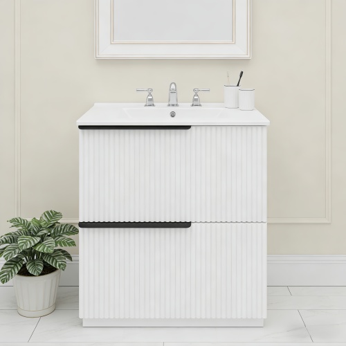 30-Inch White MDF Freestanding Bathroom Vanity with Ceramic Sink