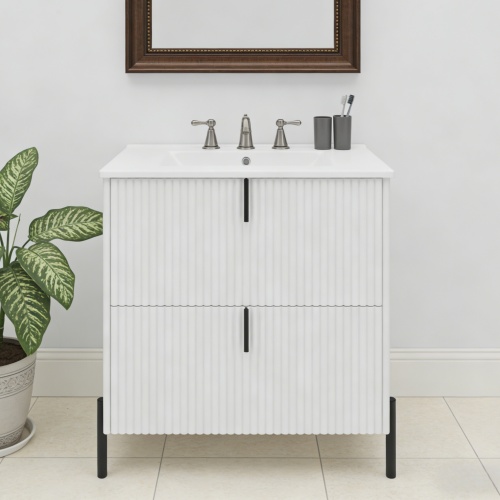 30-Inch White MDF Bathroom Vanity with Ceramic Sink and Fluted Front