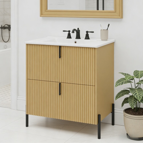 30-Inch Natural MDF Fluted Bathroom Vanity with Ceramic Sink