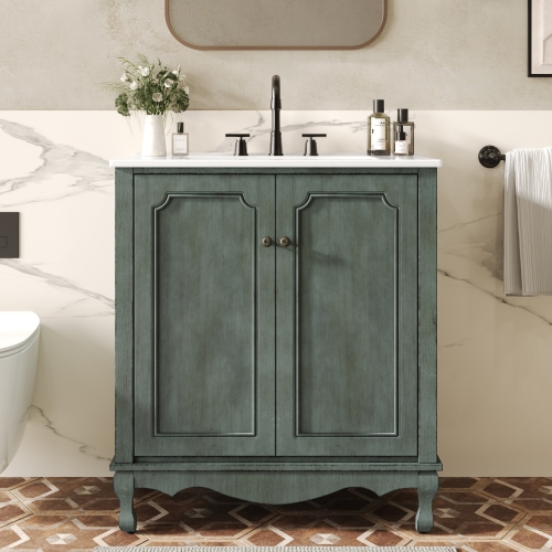 30-Inch Antique Teal MDF Bathroom Vanity with Ceramic Sink Cabinet