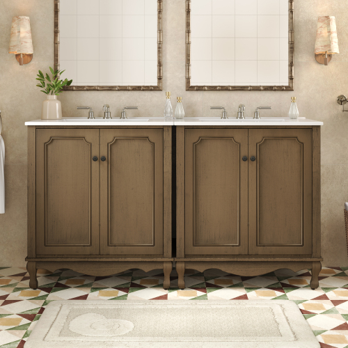 60-Inch Antique Brown Double Sink Vanity in Solid Wood and MDF