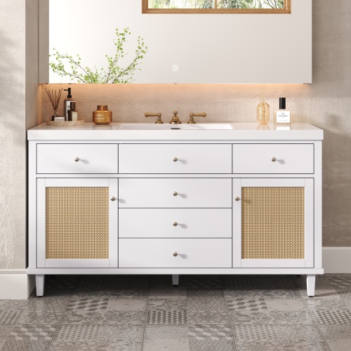 60-Inch White Solid Wood and MDF Bathroom Vanity with SMC Sink