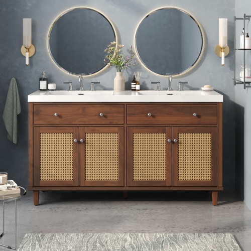 60-Inch Brown Solid Wood and MDF Double-Sink Bathroom Vanity