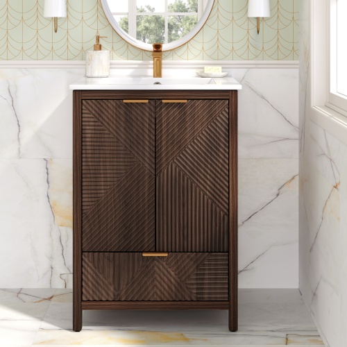 24-Inch Brown MDF Bathroom Vanity with Ceramic Sink and Pine Legs
