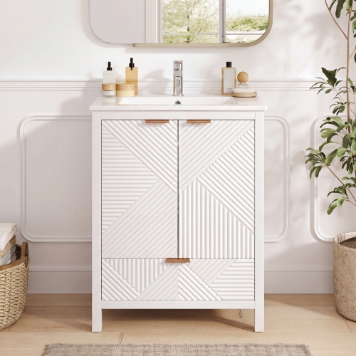 24-Inch White Ceramic Sink Vanity with MDF Cabinet and Pine Legs