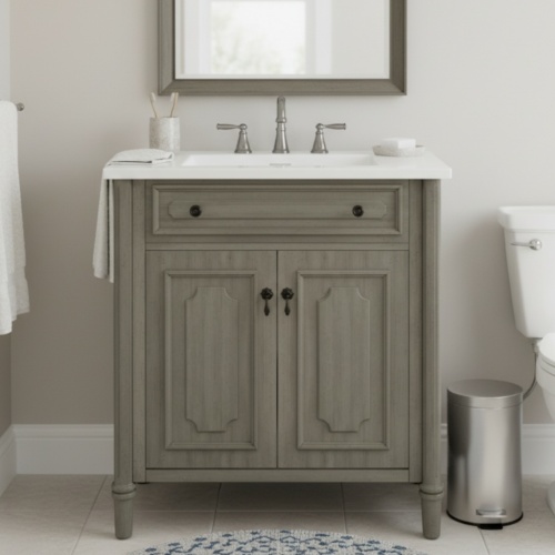 30 Inches Vintage Bathroom Vanity with Sink, Rustic Bathroom Cabinet with Soft Close Doors and Adjustable Shelf, Curved Profile Design, Rubber Wood Legs, Gray - 31" Antique Gray - MDF,Rubber Wood - MDF - American Traditional,Antique,Artsy,French,Mid-Century Modern - 30-Inch