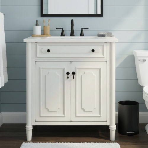 30-Inch Ancient White MDF and Rubber Wood Bathroom Vanity with Sink