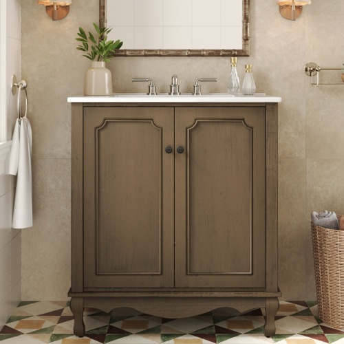 30-Inch Antique Brown Solid Wood & MDF Bathroom Vanity with Sink