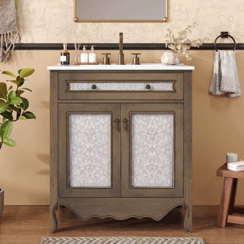 30-Inch Vintage Light Brown Wood & MDF Vanity with Ceramic Sink