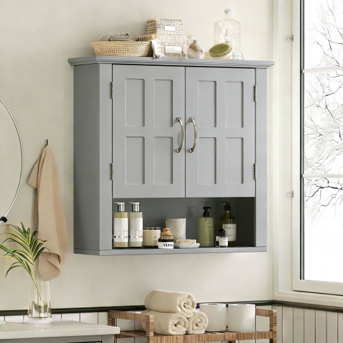 Gray MDF Wall-Mounted Bathroom Cabinet, 4 Adjustable Shelves