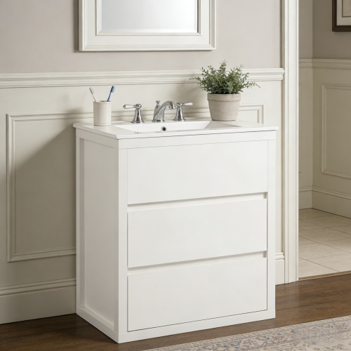 30" Bathroom Vanity with Ceramic Sink and 2 Full-Extension Drawers, Freestanding Bathroom Vanity with 45° Free-Handle Design, Soft Close Undermount Drawer Slides, White - 30" White - MDF - MDF - American Design,Artsy,Contemporary,Lodge,Luxury