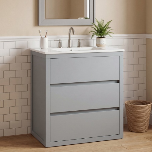 30-Inch Gray MDF Bathroom Vanity with Ceramic Sink and 2 Drawers