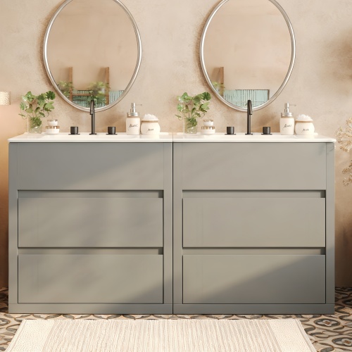 60-Inch Gray MDF Double-Sink Bathroom Vanity with Soft-Close Drawers