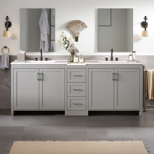 84-Inch Gray MDF Double-Sink Bathroom Vanity with Quartz Countertop