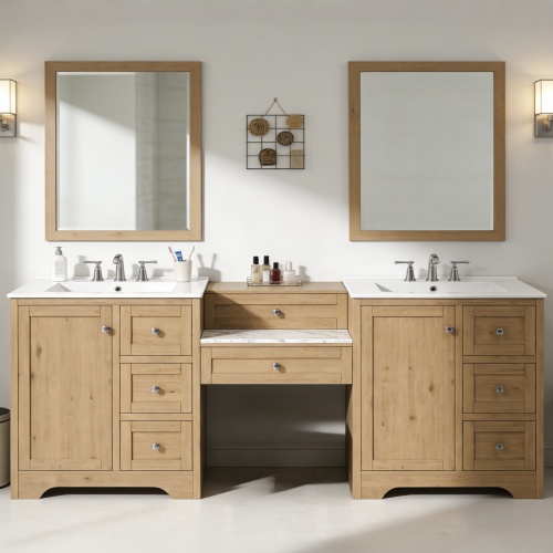 84-Inch Gray Solid Wood+MDF Double-Sink Vanity with 6 Drawers