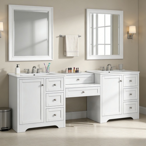 84-Inch White Double-Sink Bathroom Vanity in Solid Wood and MDF