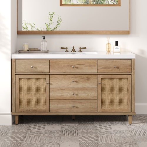 60-Inch Antique Natural Solid Wood and MDF Vanity with SMC Sink
