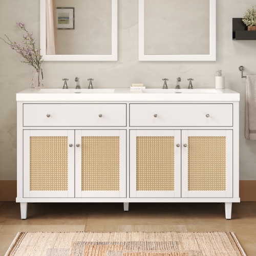 60-Inch White Double-Sink Bathroom Vanity, Solid Wood and MDF