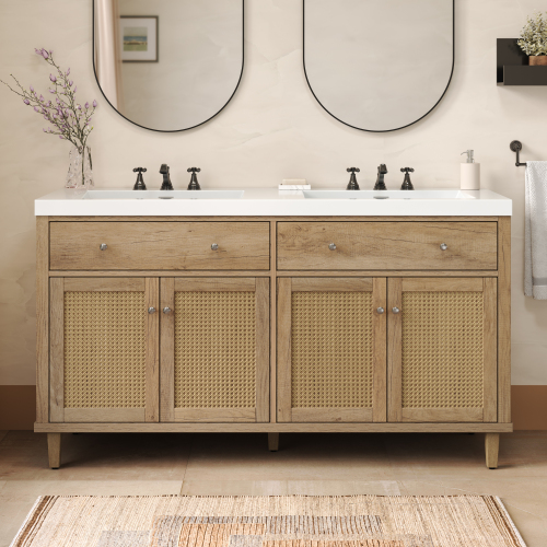 60-Inch Antique Natural Solid Wood & MDF Double Sink Vanity