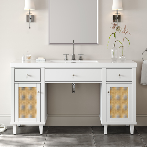 Modern 60-Inch White MDF and Pine Bathroom Vanity with SMC Sink