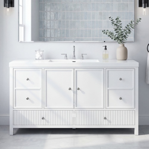 60-Inch White Solid Wood and MDF Bathroom Vanity with Separate Sink