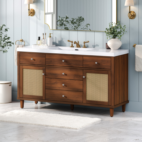 60-Inch Brown Solid Wood and MDF Bathroom Vanity with SMC Sink