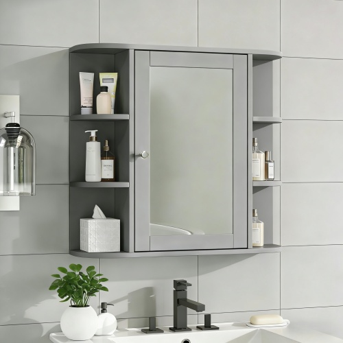 68-Inch Gray MDF Wall-Mounted Bathroom Mirror Storage Cabinet