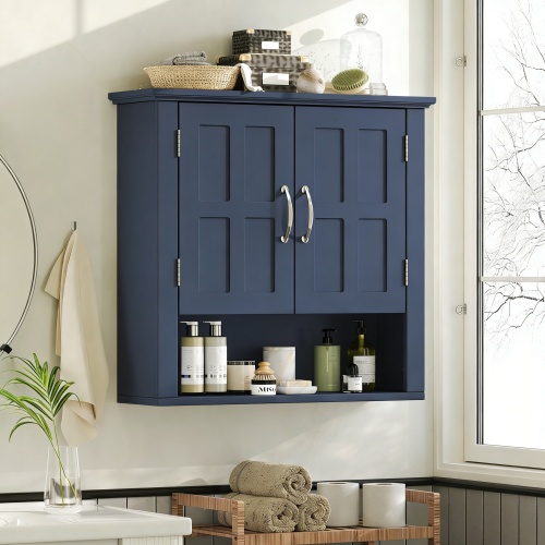 Blue MDF Wall-Mounted Bathroom Cabinet with 4 Adjustable Shelves