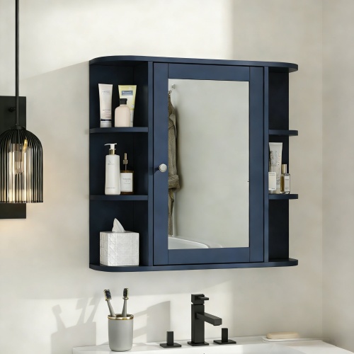 68-Inch Blue MDF Wall-Mounted Bathroom Storage Cabinet with Mirror