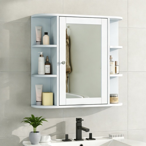 White MDF Bathroom Cabinet, 15.75 x 11.61 x 68 in, Mirror & Shelves
