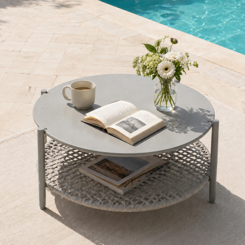 Beige & Grey Iron Round 2-Tier Outdoor Patio Coffee Table, Rust-Resistant
