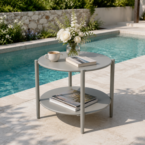 Grey 20.8-Inch Round Iron 2-Tier Outdoor Patio Side Table