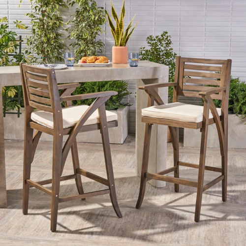 Hermosa 2-Piece Grey Acacia Wood Cushioned Outdoor Bar Stool Set