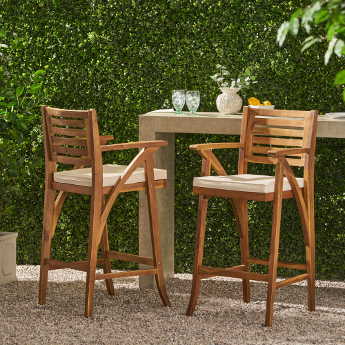Hermosa 2-Piece Outdoor Bar Stool Set, Light Beige & Teak Acacia Wood