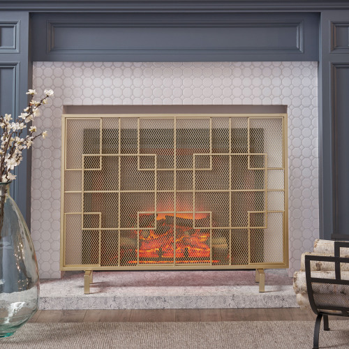 Gold Iron Fireplace Screen, 41 x 8 x 30.75-Inch Decorative Guard