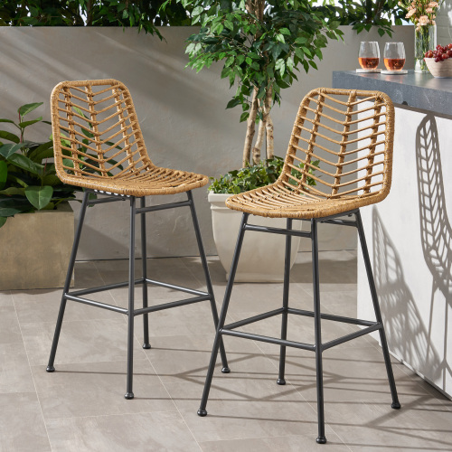 Sawtelle Light Brown Rattan Outdoor Barstools, Set of 2 for Patio