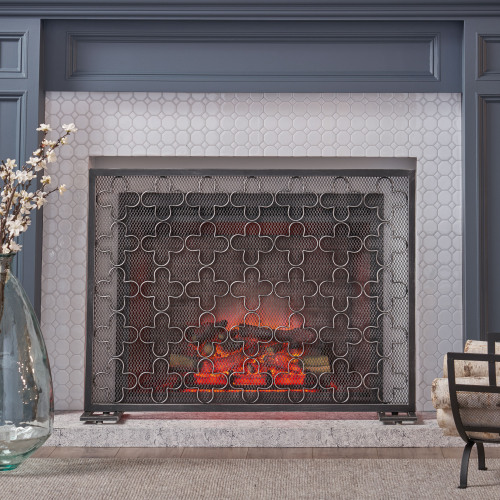 Black and Silver Iron Fireplace Screen, 41 x 8 x 30.75 Inches