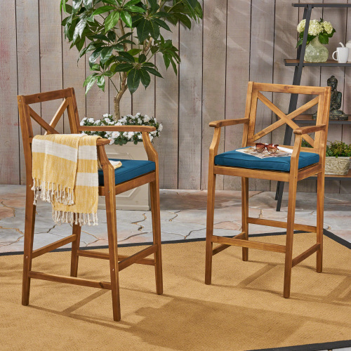 Perla Blue Acacia Wood Outdoor Patio Barstool, 45.75-Inch