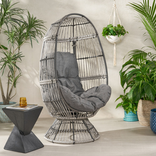 Reseda Swivel Patio Egg Chair, Grey and Taupe Fabric, 30.5 x 28 x 58 in